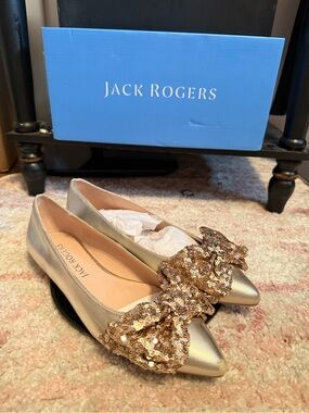 Jack Rogers Gold Sequin Bow Pointed Flats